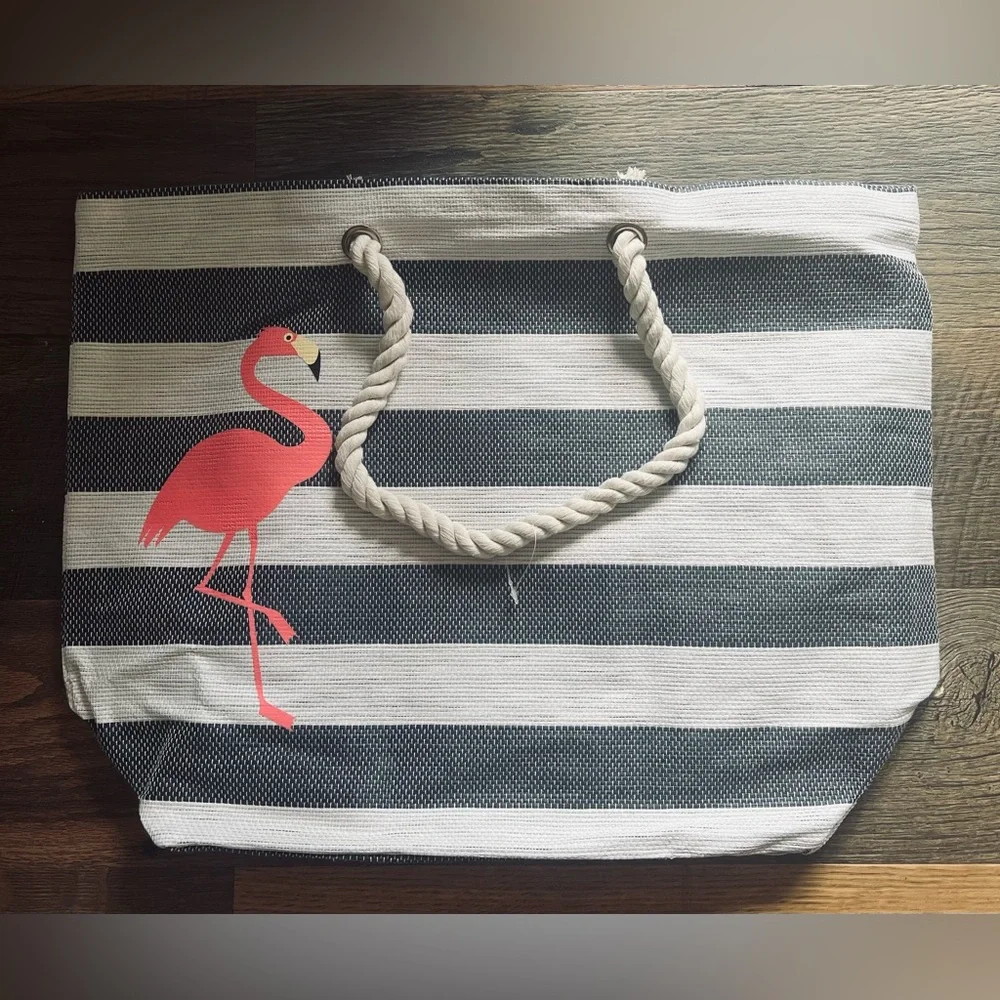 Flamingo 🦩 Large Beach Tote Bag Nautical Rope Handles Zippered Accessory Bag - Picture 2 of 8